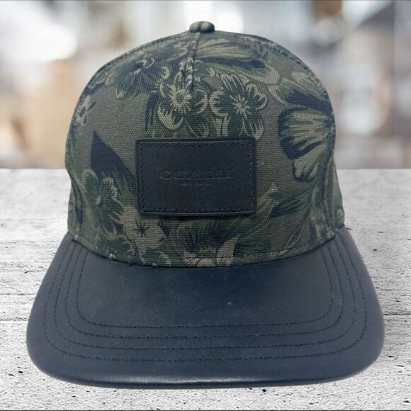COACH Signature Flat Brim Cap Blend Leather Brim Hat Hawaiian flower‎ Unisex - Picture 1 of 8